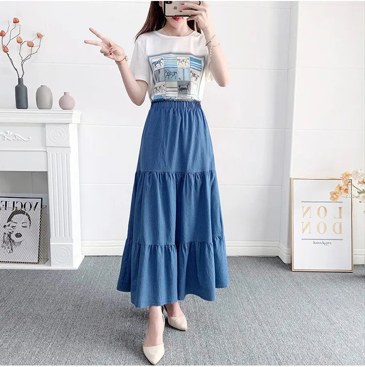 Vintage Loose Chic Skirts for Women Elegant High Waist Office Lady Long Skirt Fashion Woman Blue Denim Skirt