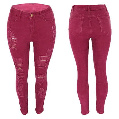 Womens High Waisted Black Torn Jeans Plus Size 3XL Skinny Denim Pencil Pants Burgundy Stretch Rugged Ripped Distressed Jeans