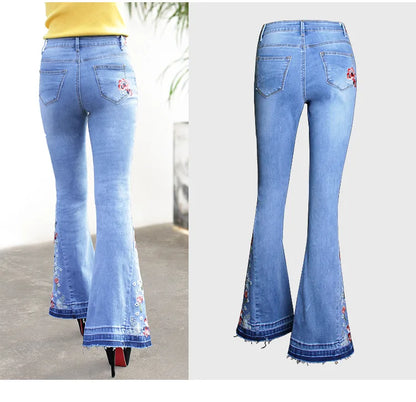 Women Stretch High Waist Embroidery Jeans Wide Leg Floral Denim Long Pants Flared Trousers Lady Women's Fashion Pants