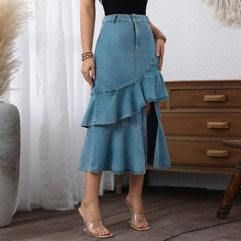 Latest Design Plus Size Women Jeans Skirt Silm Fit Mid Length Ruffle Denim Skirt for Women