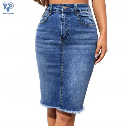 YUNBOFEI Women High Waist Fringe Hem Denim Skirt Light Blue Distressed Frayed Edge Casual Street Style