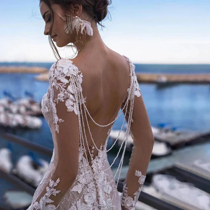 Sexy Mermaid Wedding Dresses Appliques Beads Chain Backless Vestido De Noiva Gelinlik Dubai Bridal Engagement Robe Mariee