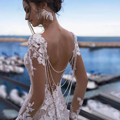 Sexy Mermaid Wedding Dresses Appliques Beads Chain Backless Vestido De Noiva Gelinlik Dubai Bridal Engagement Robe Mariee