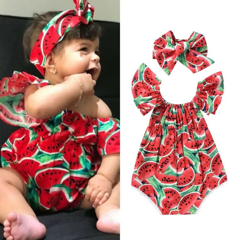 0-36months Newborn Girl Bodysuit Hairband Set Short Sleeve Watermelon