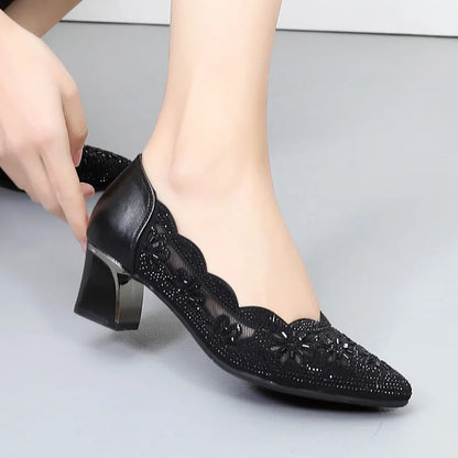 GKTINOO 2026 Summer Fashion Hollow Out Genuine Leather Pumps Women Shoes Med Heels Square Heel Mesh Ladies Office Shoes Crystal