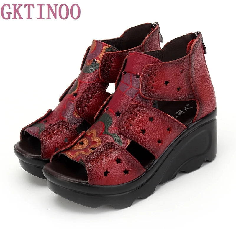 GKTINOO 2026 Ethnic Style Genuine Leather Women Shoes Sandals Wedges Sandals Handmade Genuine Leather Women Sandal