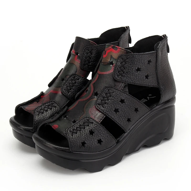 GKTINOO 2026 Ethnic Style Genuine Leather Women Shoes Sandals Wedges Sandals Handmade Genuine Leather Women Sandal