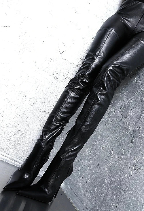 Botas mujer invierno black women shoes thigh high heel bota over the knee boots pointed toe long female motorcycle plus size47