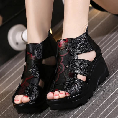 GKTINOO 2026 Ethnic Style Genuine Leather Women Shoes Sandals Wedges Sandals Handmade Genuine Leather Women Sandal