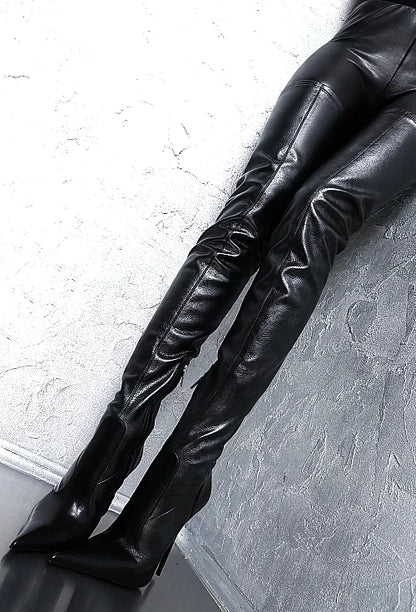 Botas mujer invierno black women shoes thigh high heel bota over the knee boots pointed toe long female motorcycle plus size47