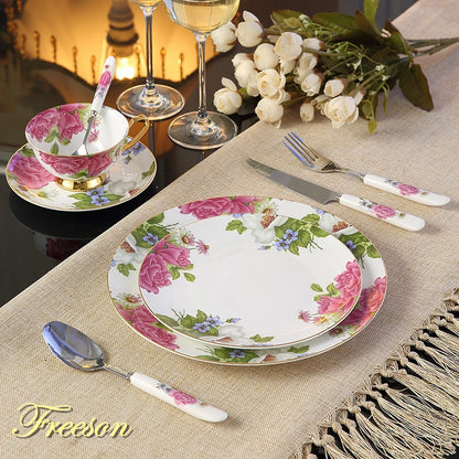 Europe Pastoral Bone China Tableware Set with Fork Knife Dishes Plates British Royal Advanced Porcelain Meal Cutlery Dinnerware