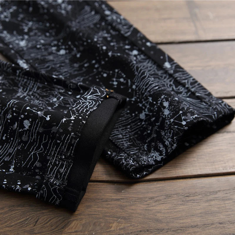 Sokotoo Men's slim black printed jeans Fashion stretch pencil pants