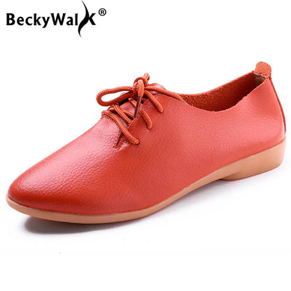 BeckyWalk Plus Size Spring Women Shoes Genuine Leather Lace Up Ladies Casual Shoes Woman Flats Zapatos Mujer 42/43/44 WSH2674