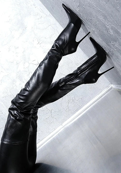 Botas mujer invierno black women shoes thigh high heel bota over the knee boots pointed toe long female motorcycle plus size47