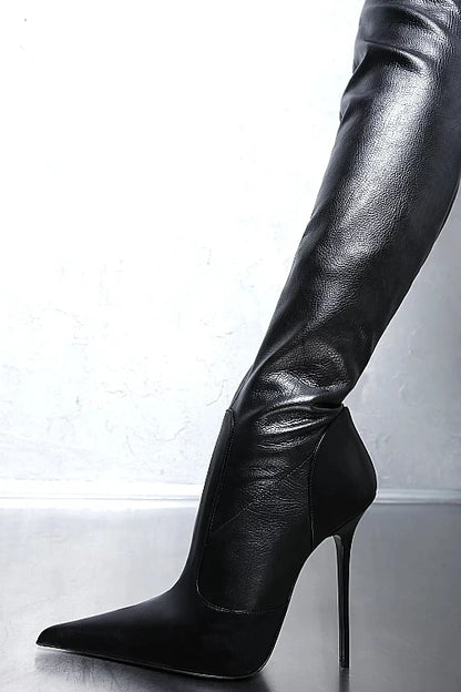Botas mujer invierno black women shoes thigh high heel bota over the knee boots pointed toe long female motorcycle plus size47