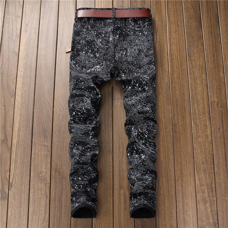 Sokotoo Men's slim black printed jeans Fashion stretch pencil pants