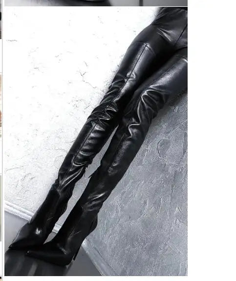 Botas mujer invierno black women shoes thigh high heel bota over the knee boots pointed toe long female motorcycle plus size47
