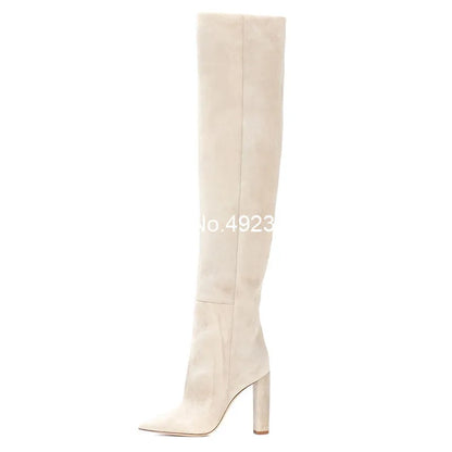 Women Fashion Boots 11 Cm Round Thick Heel Beige Slip On Overknee Boots Spring Autumn Hot Sock Boots Point Toe Women Shoes Boots