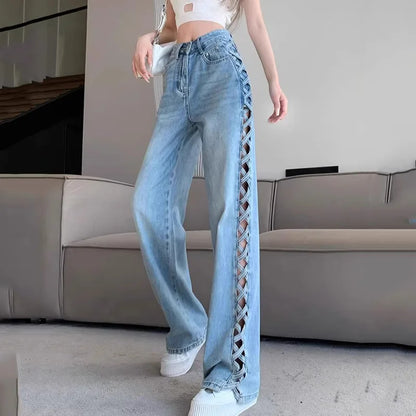Hot Sale Plus Size Casual Flare Pants Mid Waist Distressed Bell Bottom Denim Jeans Breathable and Washed Techniques