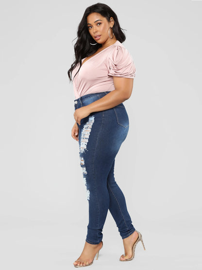 Mid Waist Women's Skinny Distressed Jeans Casual Ripped Destroyed Pocket Breathable Stretch Denim Hole 2XL Ladies' Pencil Pants