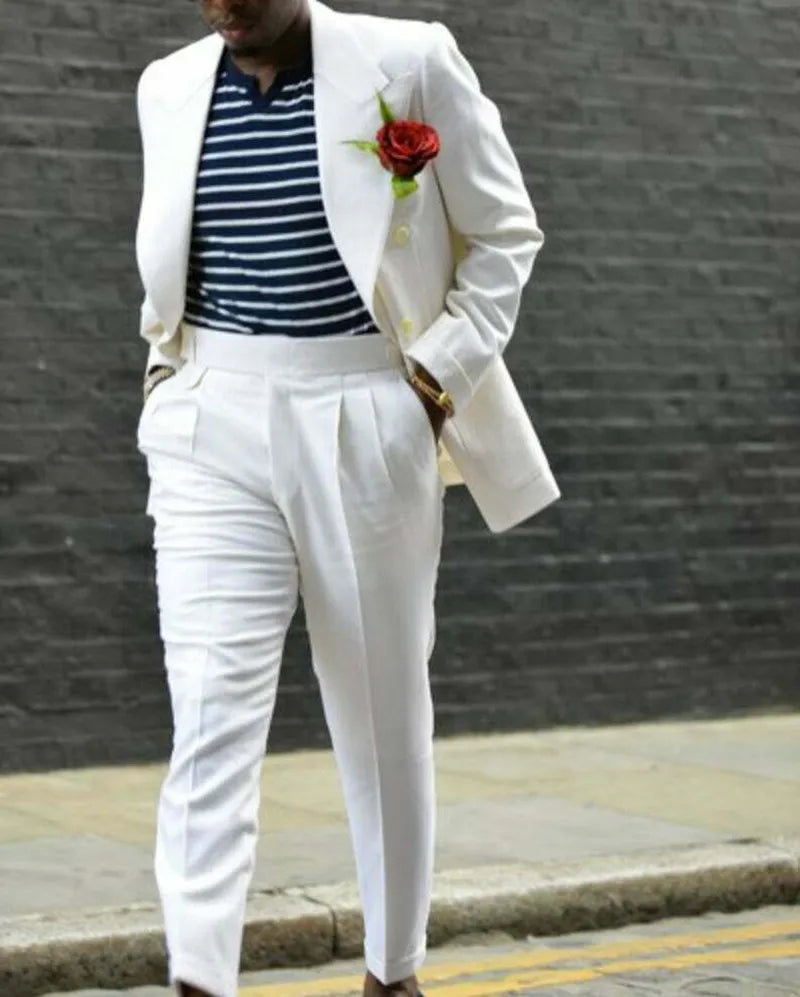 Costume Homme 2 Pieces Men Suit White Color Beach Wedding Formal Suits Peak Lapel Jacket Pants Causal  Prom Customized