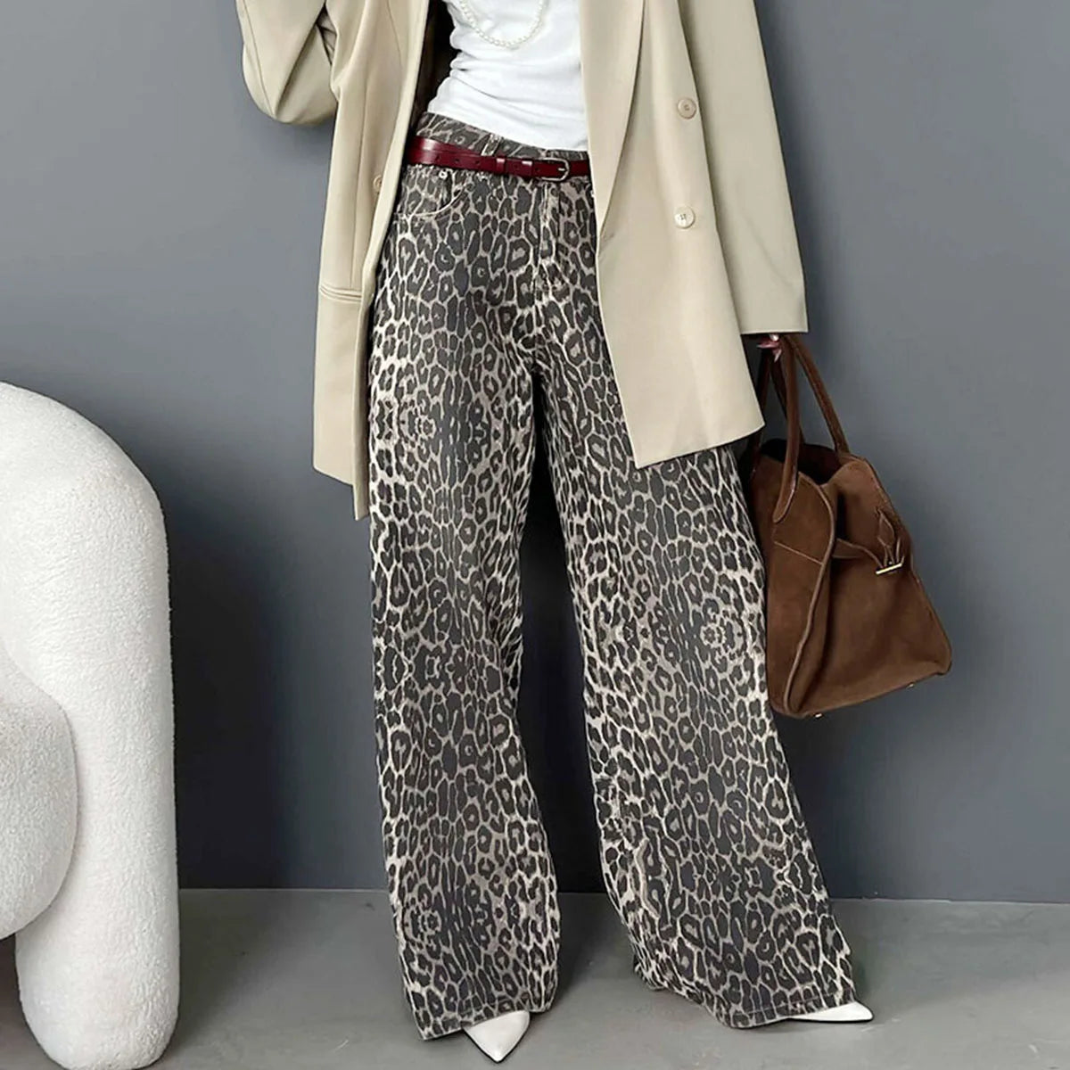 Enyami Leopard Print Women's Streetwear Wide-leg Drape Baggy High Waist Loose Casual Mopping Pants