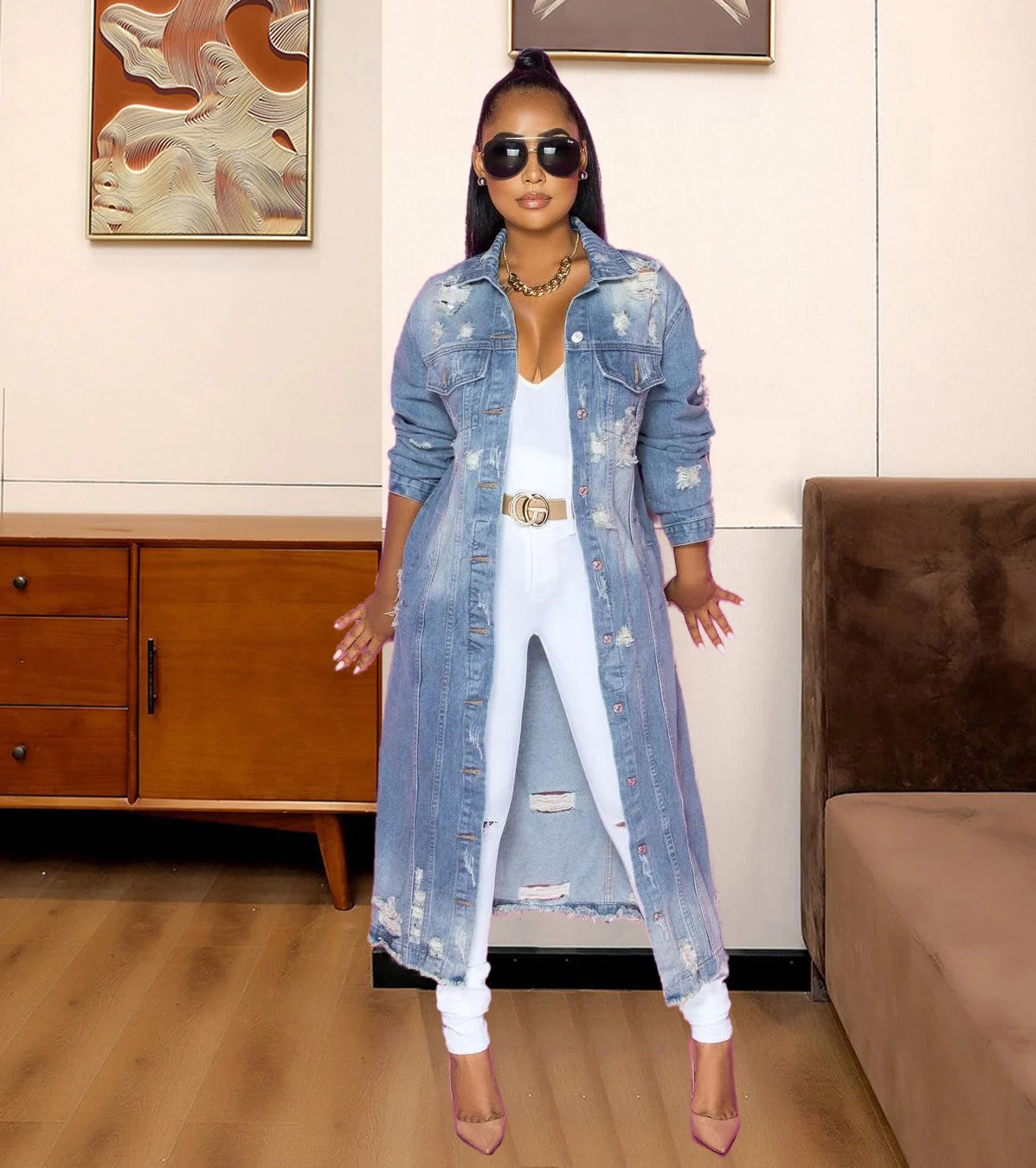 Fashion Women's Distressed Long Sleeve Denim Windbreaker Jacket Cardigan Denim Long Coat