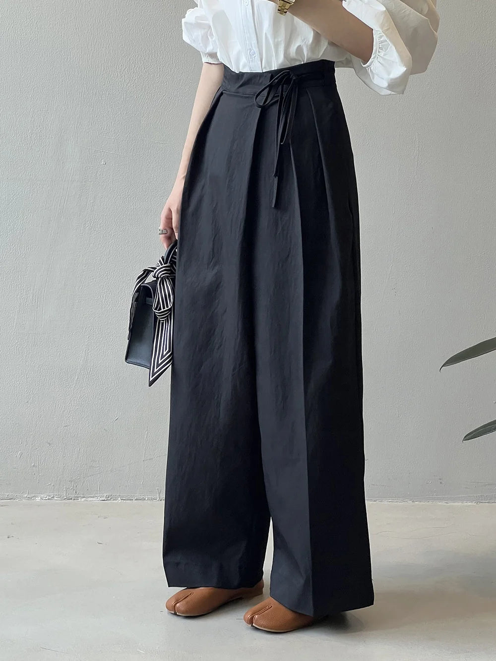 Asymmetric Diagonal Placket Strap Wide Leg Pants for Women's Spring High Waisted Straight Leg Casual Pants