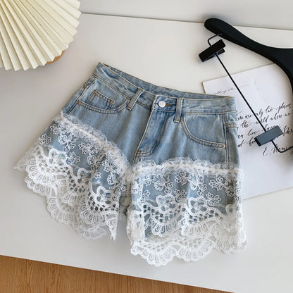 Spring Lace Short Jeans Women Print High Waist Denim Pants Girls Outdoor Pants Wholesale