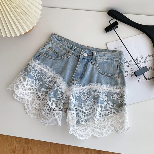 Spring Lace Short Jeans Women Print High Waist Denim Pants Girls Outdoor Pants Wholesale