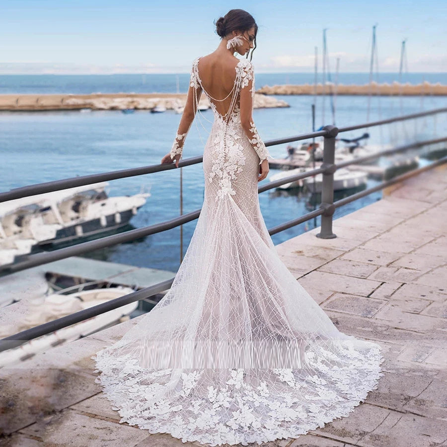 Sexy Mermaid Wedding Dresses Appliques Beads Chain Backless Vestido De Noiva Gelinlik Dubai Bridal Engagement Robe Mariee