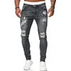 Wholesale large-sized men's jeans with zipper pockets, fashionable and tattered blue and black jeans, men's washed craft jeans