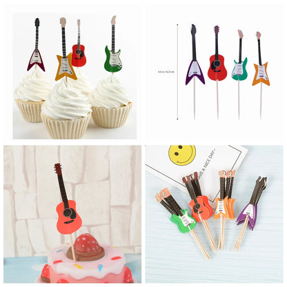 24Pcs Guitar Rock Music Theme Cake Cupcake Toppers Happy Birthday Wedding Party Baby Shower  Cake Inserts Sticks Cake Decor