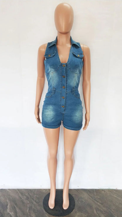 2022 Backless Short Cami Jumpsuit Summer Buttons Sleeveless Sexy Denim Playsuit Denim Romper Women