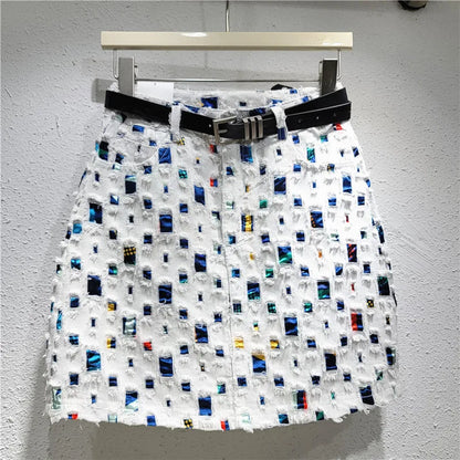 Slim A-line New Burnout Worn Personality Color Block Women's Denim Short Skirt   Fashion