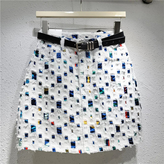 Slim A-line New Burnout Worn Personality Color Block Women's Denim Short Skirt   Fashion