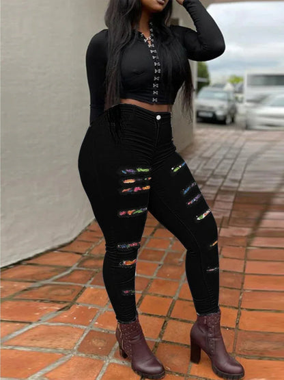 Free Shipping to USA-Women's Plus Size High Waist Slim Fit Casual Style Solid High Stretch Skinny Ripped Jeans