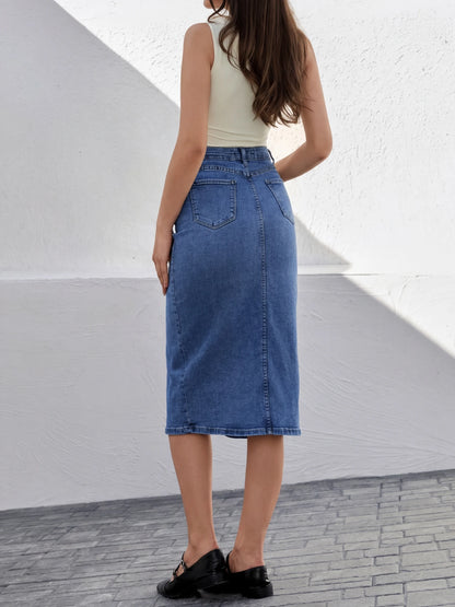 Plus Size Women's Casual Summer/Winter Blue Denim High Waist Short Skirts Sexy Single Breasted Button Knee-Length Fashion