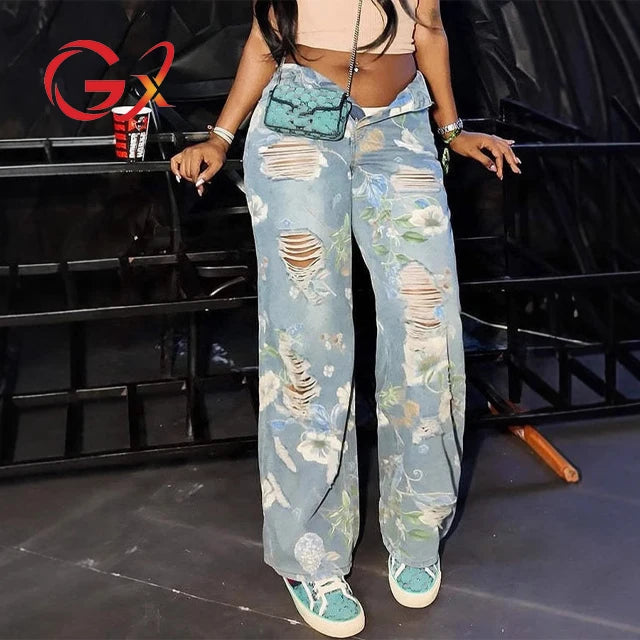 GX6981S Fashion Women Elegant Clothing Vendor Street Wear Ladies Printed Ripped Jeans Trouser Hollow Out Casual Denim Pant