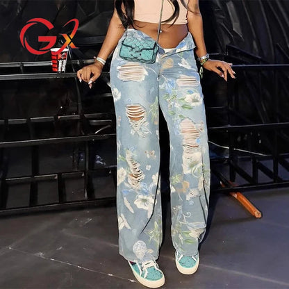GX6981S Fashion Women Elegant Clothing Vendor Street Wear Ladies Printed Ripped Jeans Trouser Hollow Out Casual Denim Pant