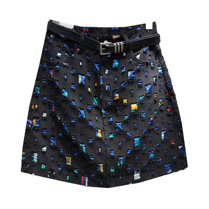 Slim A-line New Burnout Worn Personality Color Block Women's Denim Short Skirt   Fashion