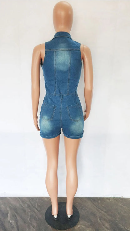 2022 Backless Short Cami Jumpsuit Summer Buttons Sleeveless Sexy Denim Playsuit Denim Romper Women