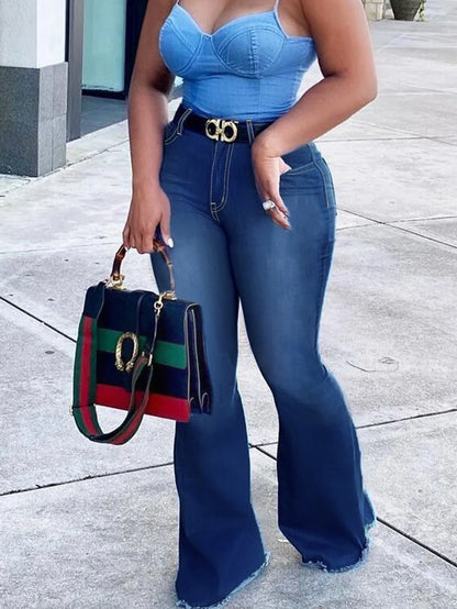 China Factory Wholesale Navy Good Quality Women Mid Waist Stretchy Regular Fit Plus Size Bleach Wash Flare Denim Jeans Pants