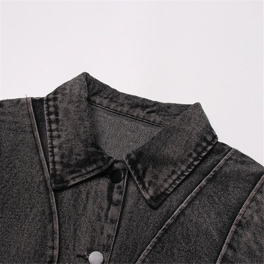 ZHEZHE Unique Fashion Female Spring Fall Winter Long Sleeve Denim Jeans Windbreaker Clothes Short Crop Jackets for Women'S Coats