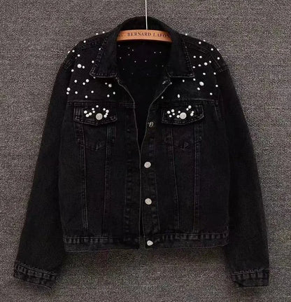 New New Fall Women Pearl Beading Crop Denim Jackets Women Casual Jeans Long Sleeve Denim Plus Size Coat