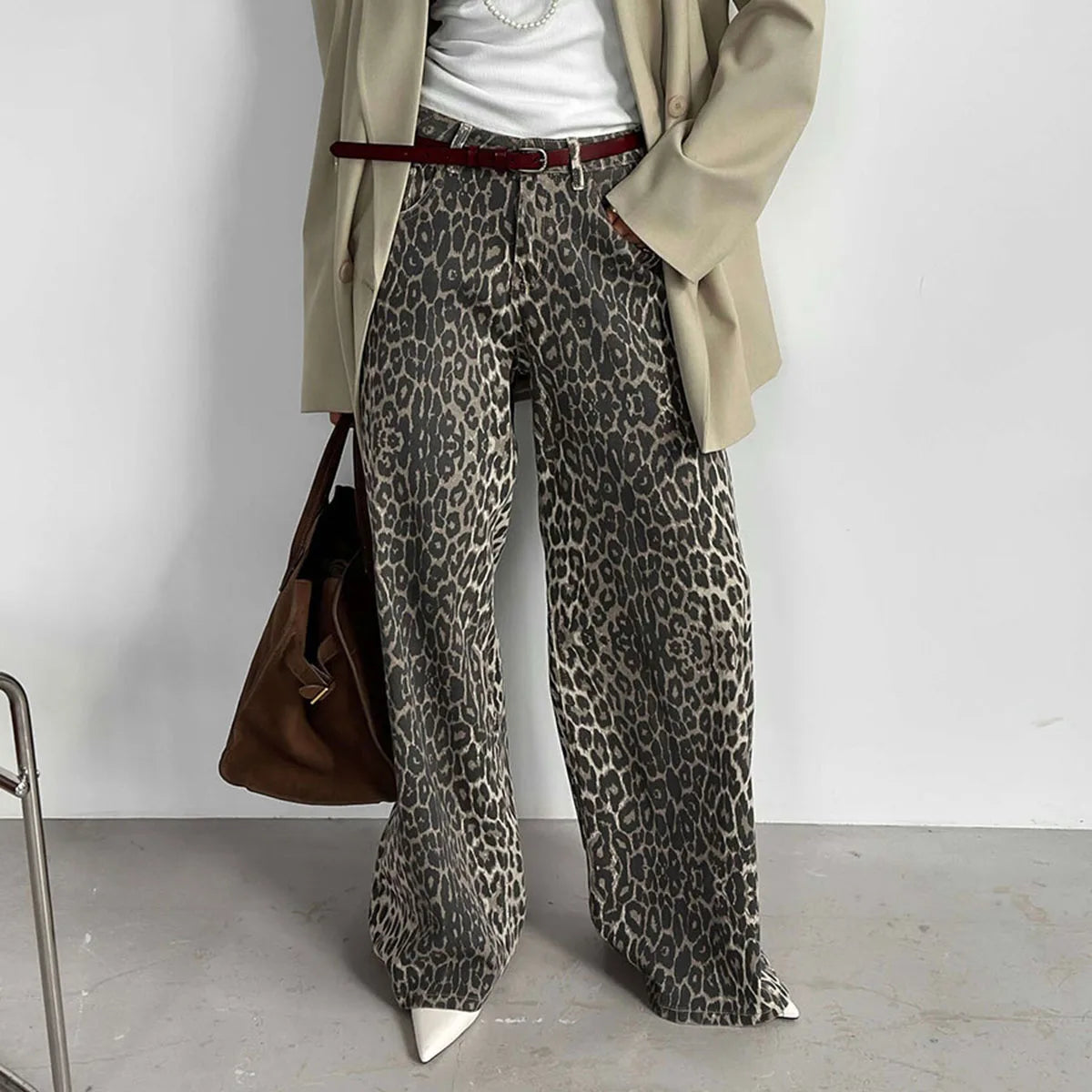 Enyami Leopard Print Women's Streetwear Wide-leg Drape Baggy High Waist Loose Casual Mopping Pants
