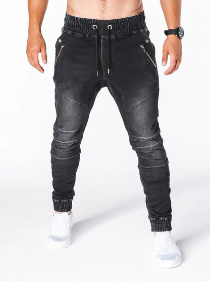 2024 Hot Sale Plus Size Retro Design Men's Washed Denim Causal Fashionable Zipper Pocket Long Drawstring Jeans