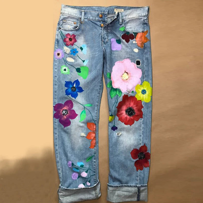 Cute Flower Printed Jeans Women Loose Jeans New Style Direct Jean Hot Fashion Ladies Printed Thin Denim Spring Summer Breathe