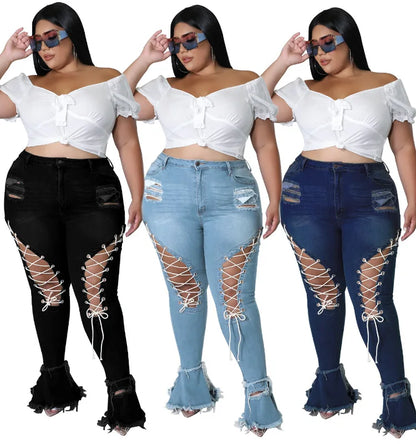 Trending Products 2022 New Arrivals FashionSlim Ripped Eyelet String Sexy Plus Size Jean for Woman
