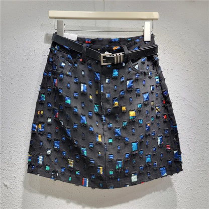 Slim A-line New Burnout Worn Personality Color Block Women's Denim Short Skirt   Fashion